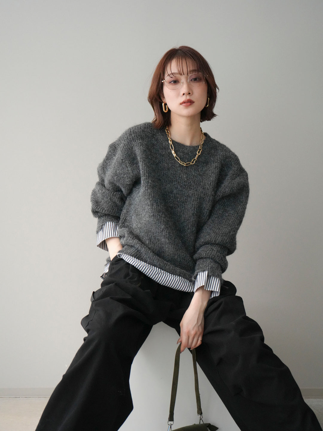 [予約]裾シャツレイヤードダメージニットプルオーバー/darkgrey