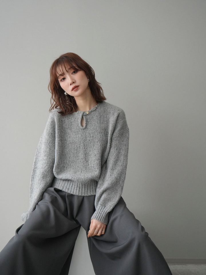 [SET]ツイストネックラメネップヤーンニットプルオーバー+テープベルトタックバギーパンツ(2set)