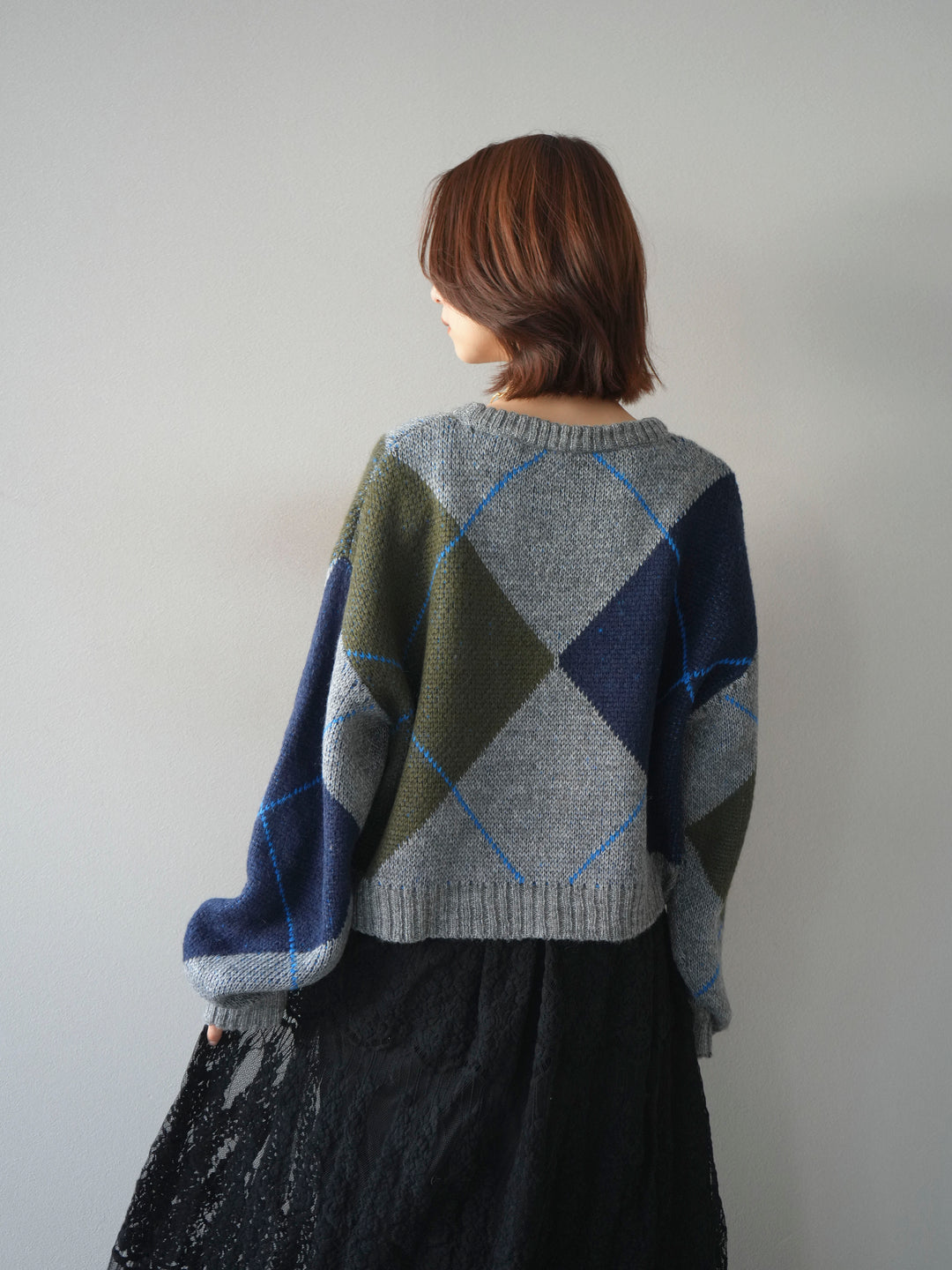 [SET]配色ステッチアーガイル柄ニットプルオーバー+ヴィンテージライクメッシュレーススカート(2set)