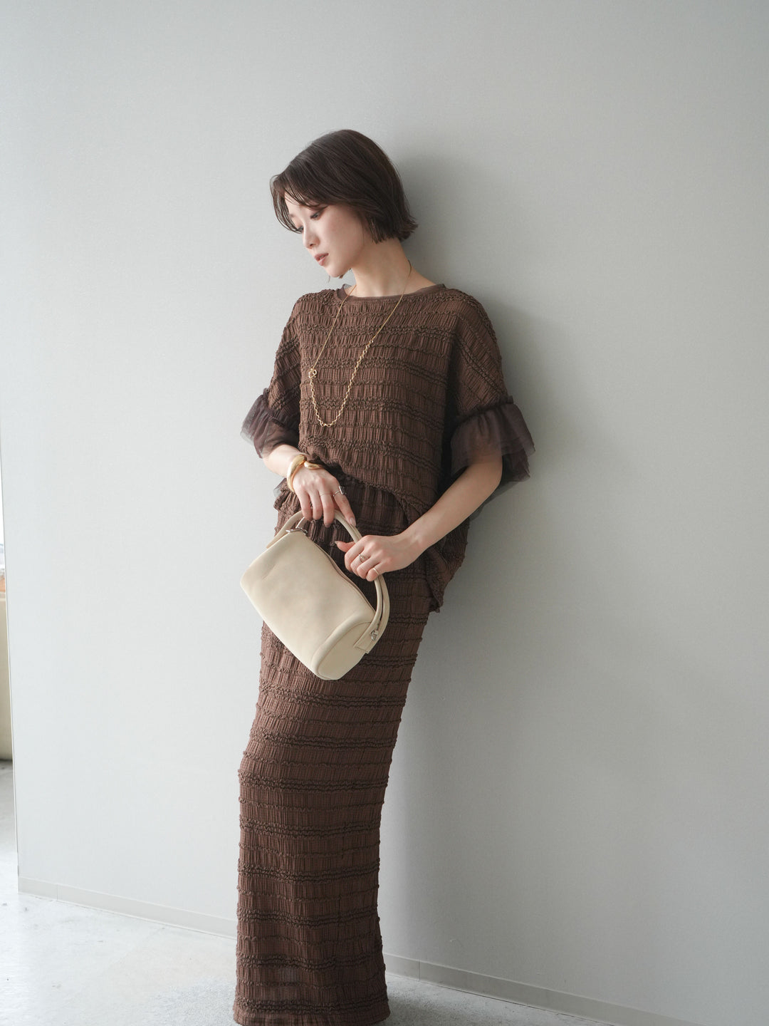 [SET]チュール袖リップルトップス+リップルIラインスカート(2set)