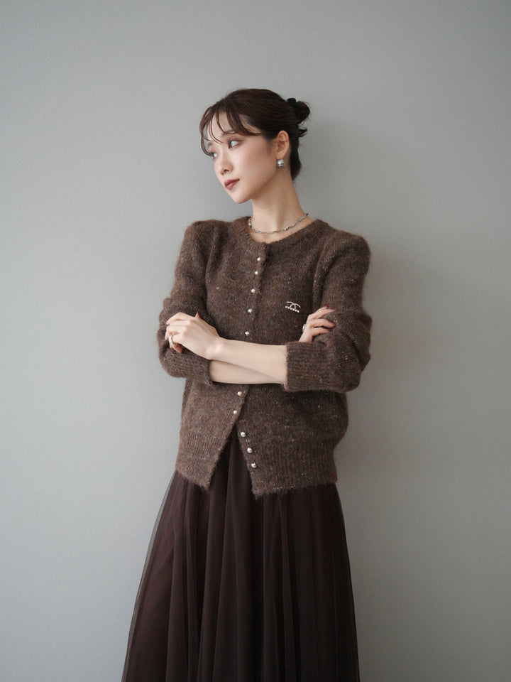[予約]ブローチ付silverボタンミックスニットカーディガン/brown