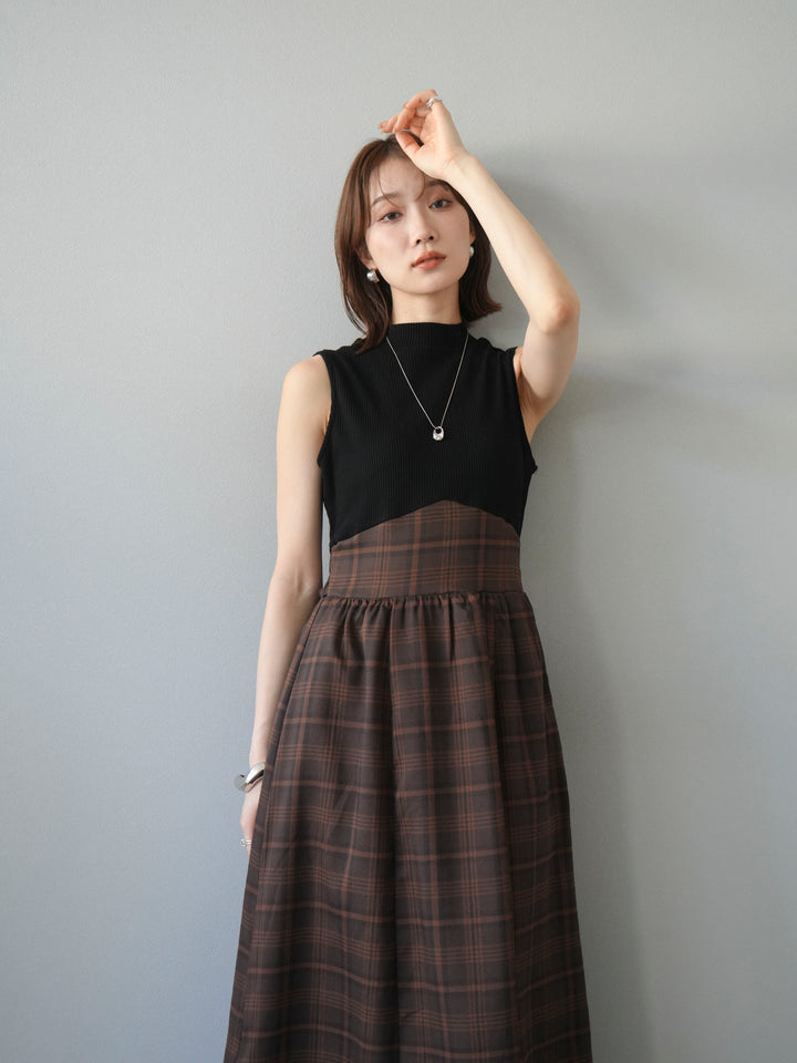 [予約]テレコ×チェックドッキングノースリワンピース/ブラック×ブラウン
