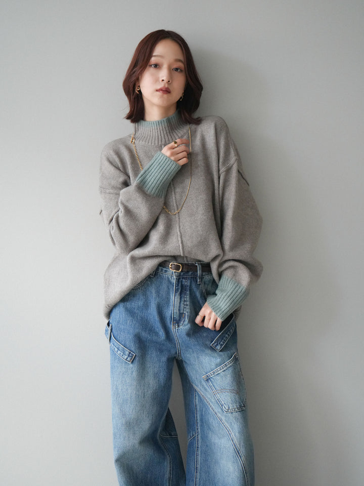 [SET]配色ハイネックニットプルオーバー+ペインターカーブデニムパンツ(2set)