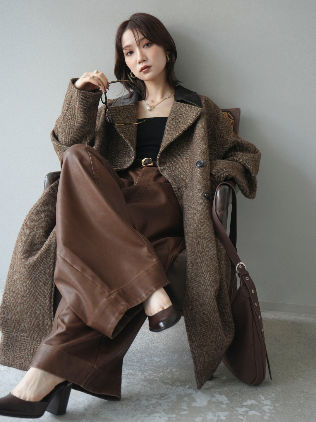 [予約]ネップヘリンボーンレザー襟チェスターコート/brown