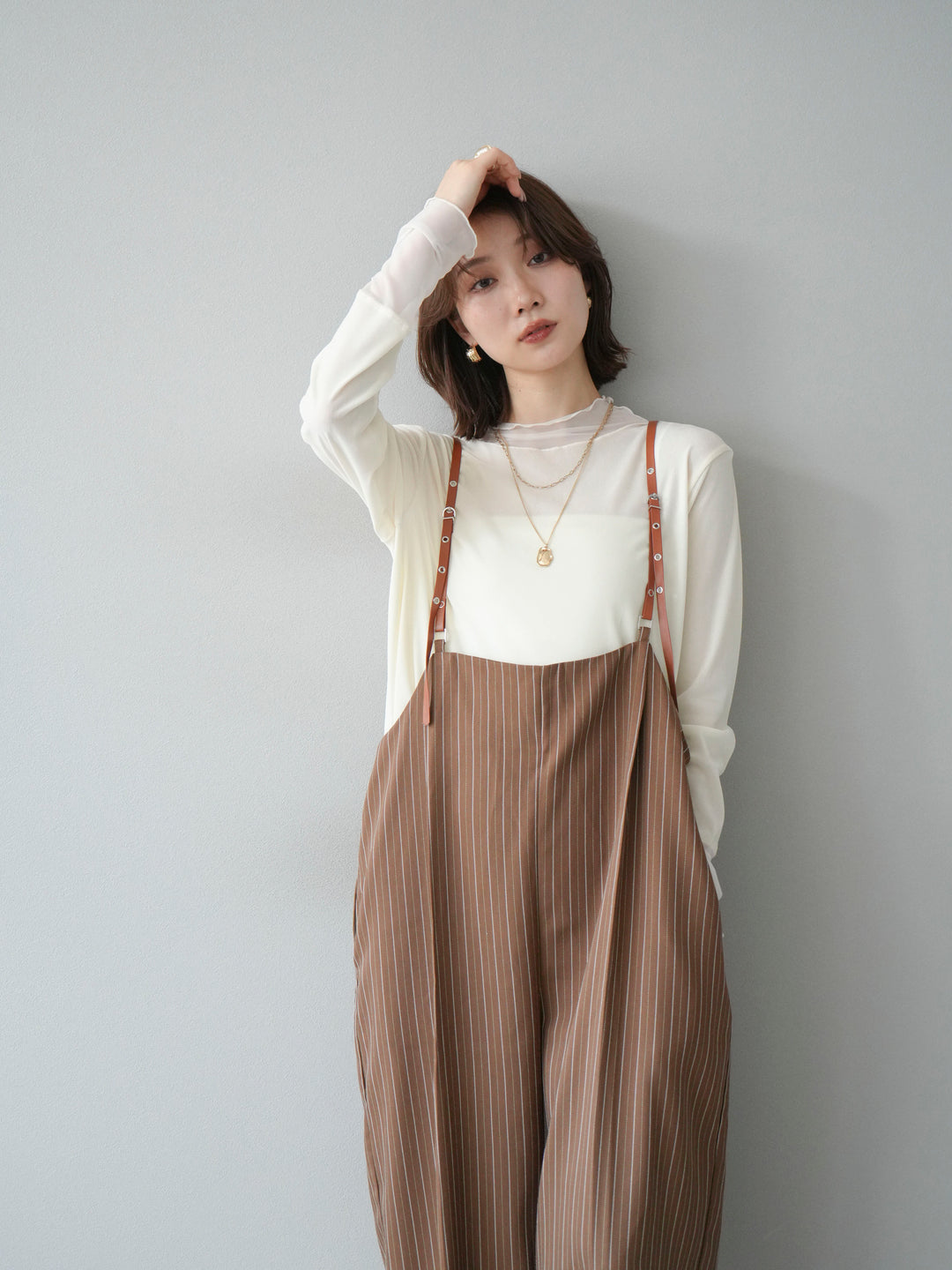 【着回しセット】[SET]ヘリンボーンストライプジレ+シアー切替ベロアトップス+ヘリンボーンストライプサロペット(3set)