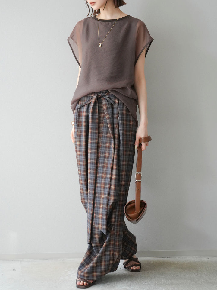 [予約]チェック柄ウエスト巻きドロストパンツ/ブラウン