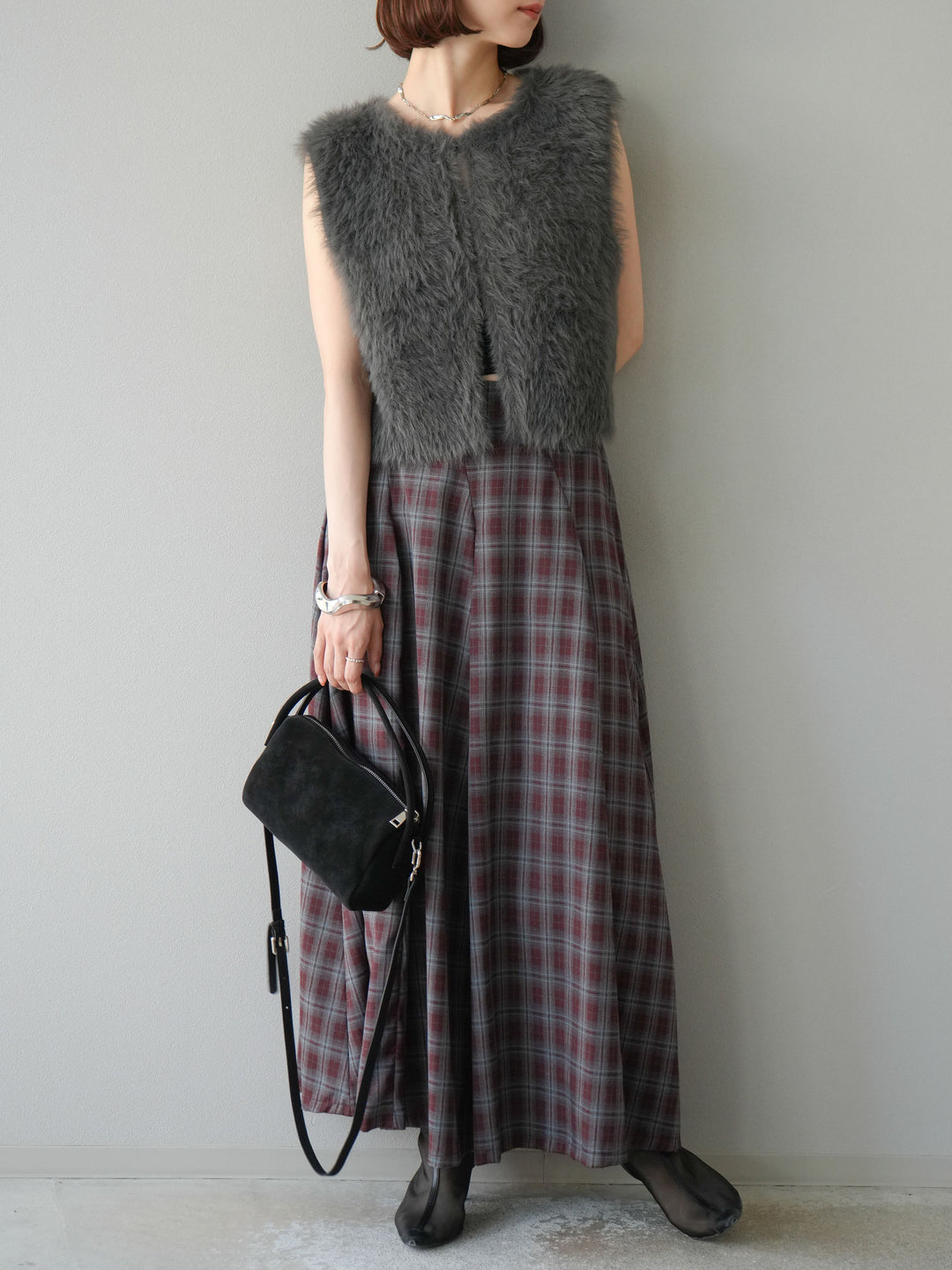 [予約]チェックタックフレアロングスカート/ ボルドー