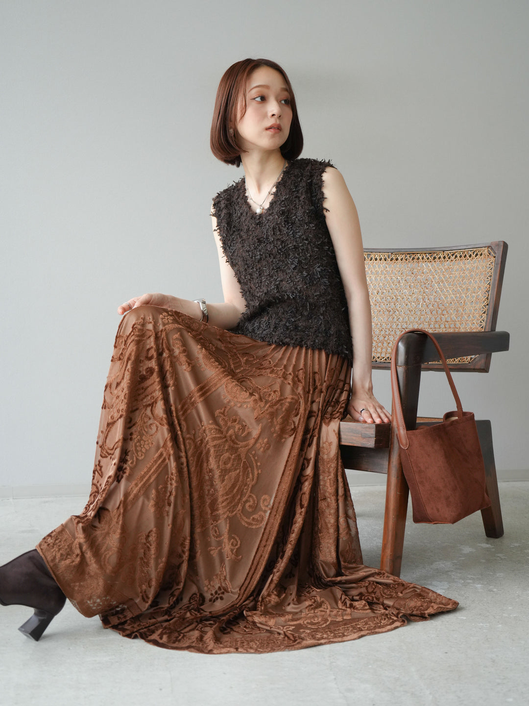 [予約]テープヤーンフリンジニットベスト/ブラウン