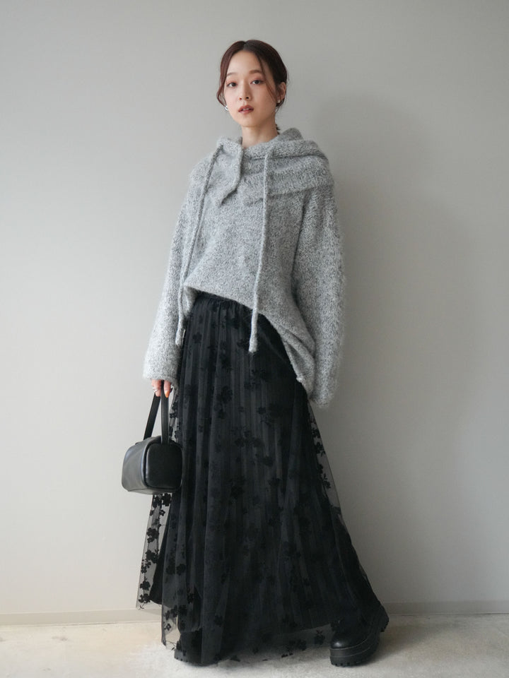 [SET]バラクラバSETニットプルオーバー+フラワーフロッキーチュールプリーツスカート(2set)