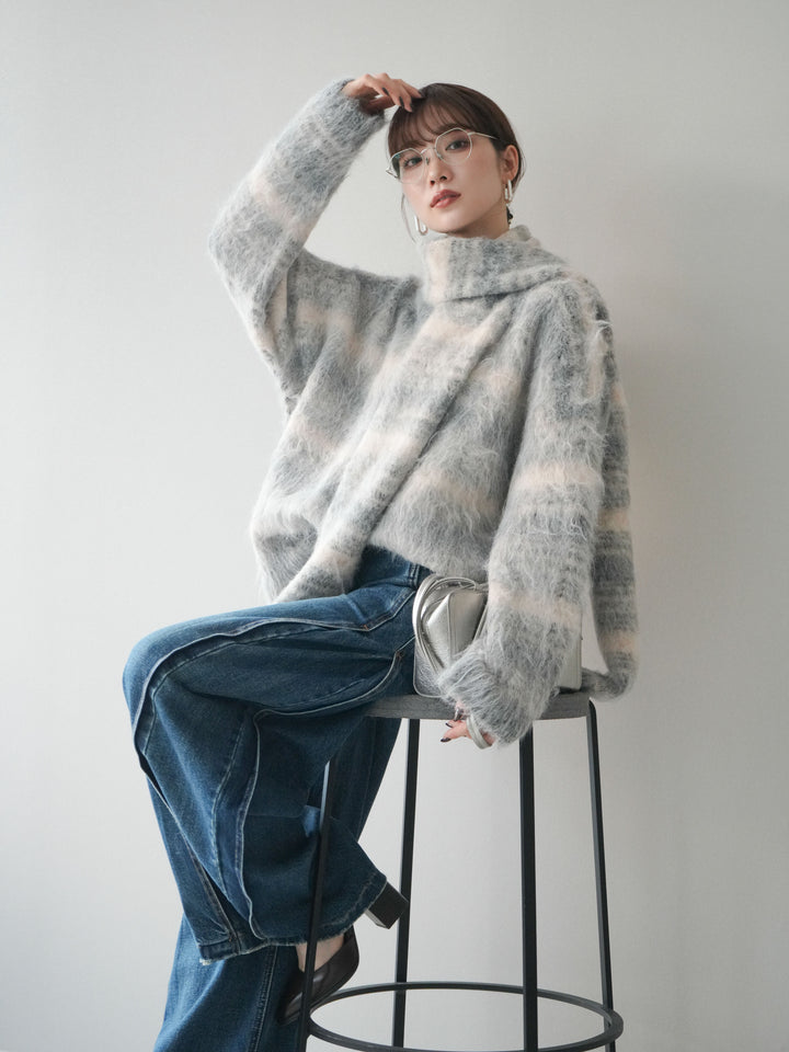 [予約]ストール付シャギーマルチボーダーニットプルオーバー/gray