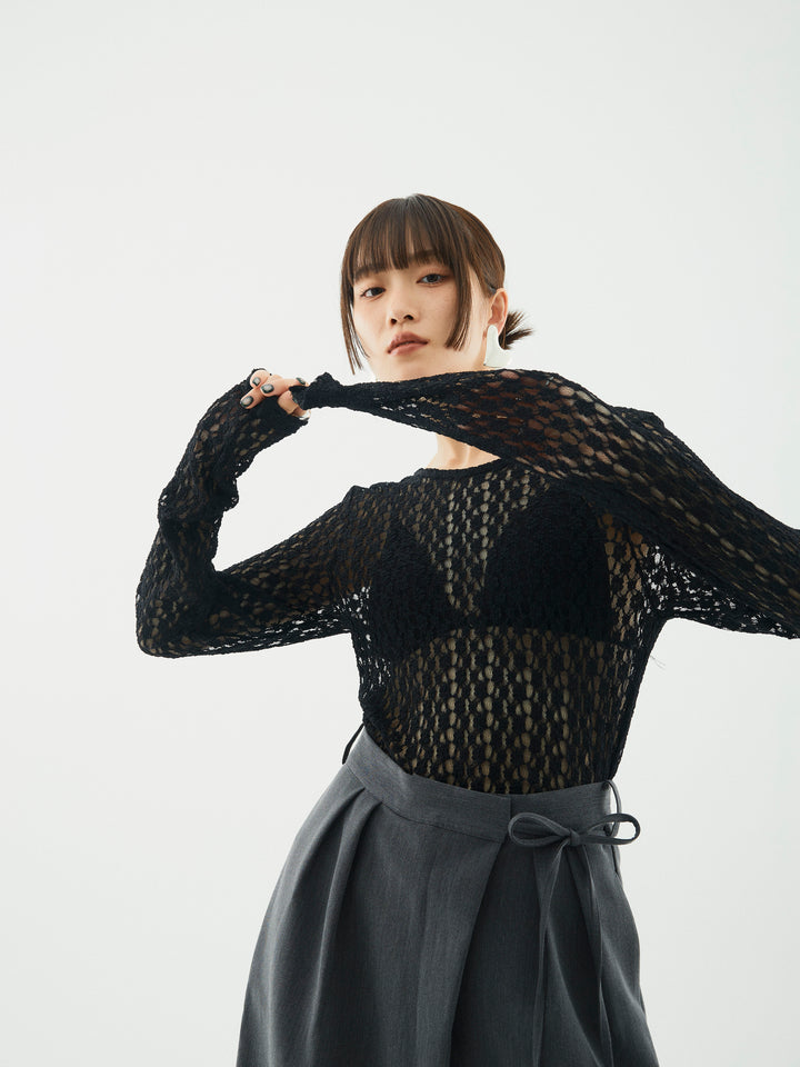 【Allure】[SET]バックラウンドレーストップス+ラップデザインタックワイドパンツ(2set)