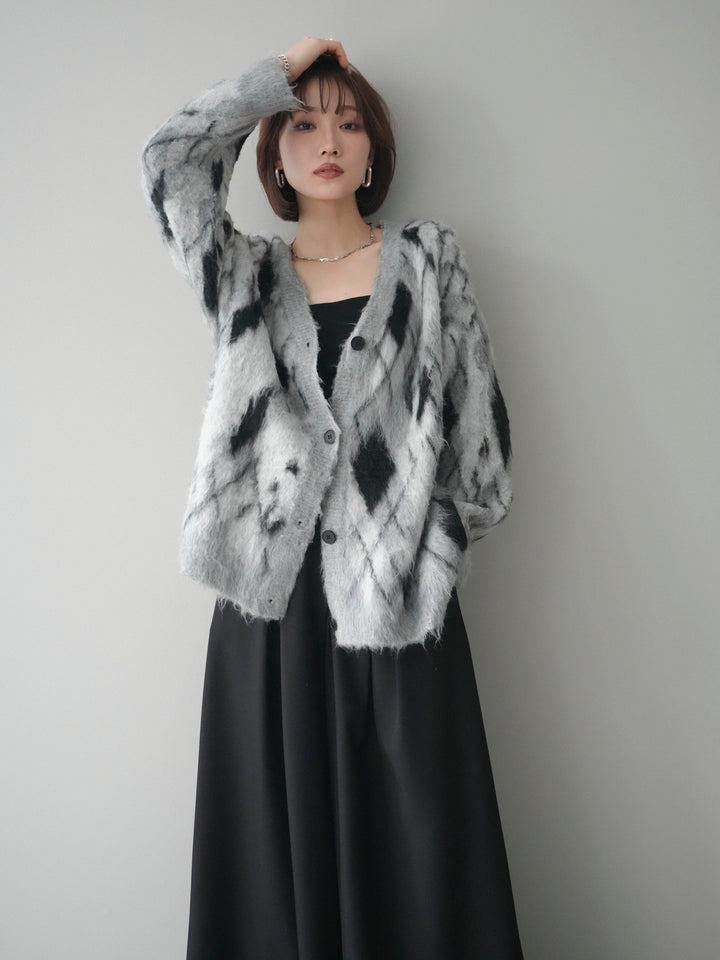 [予約]アーガイル柄シャギーニットカーディガン/gray