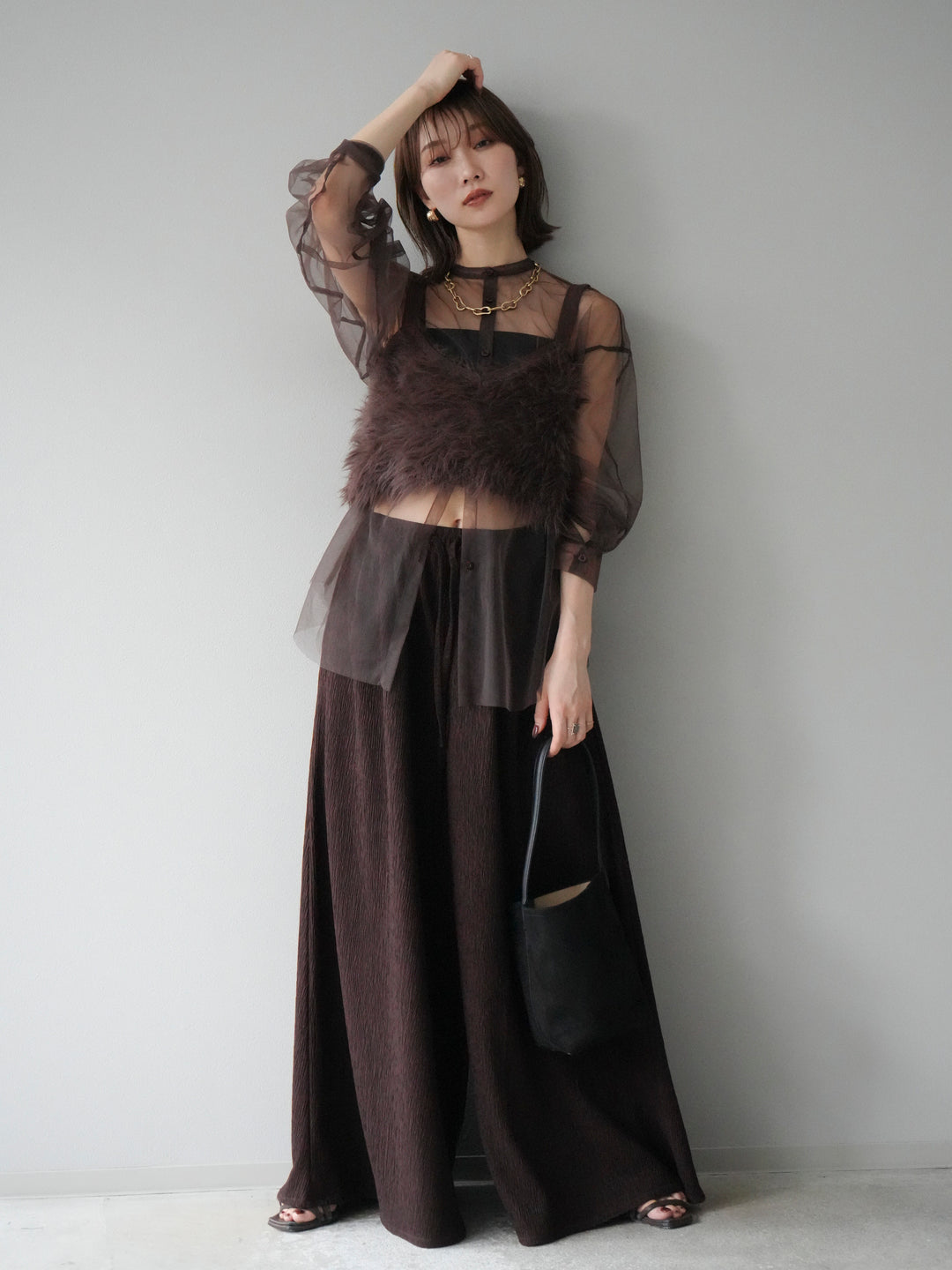 [予約]2WAYスリーブチュールシャツ/ブラウン