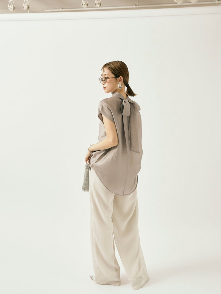 【Allure】[SET]シャイニーシアーブラウス+メッシュタックワイドパンツ(2set)