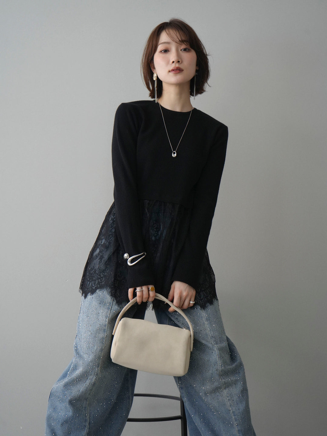 [予約]クルーネックレースドッキングリブニットトップス/black