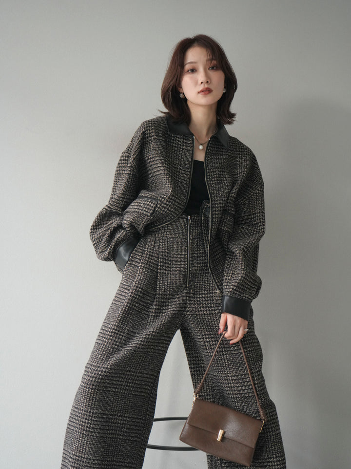 [予約]レザー襟ミックスツイードジャケット/brown