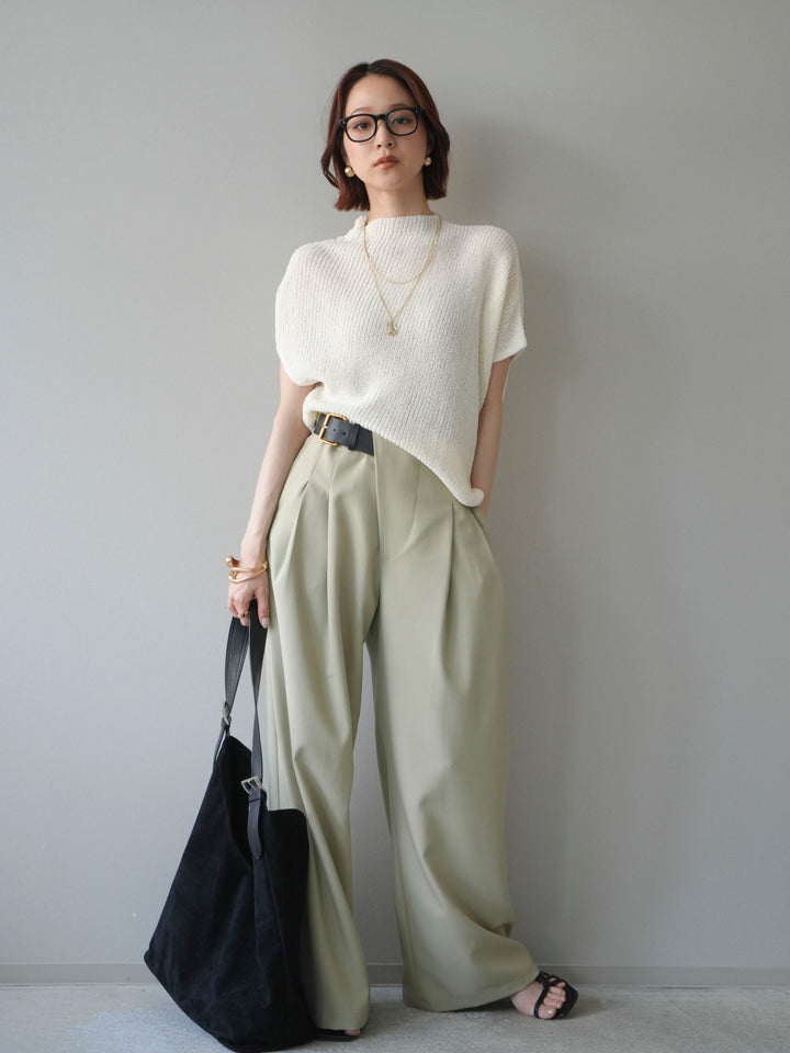 [SET]アシンメトリーローゲージニットトップス+アシンメトリーベルトタックワイドパンツ(2set)