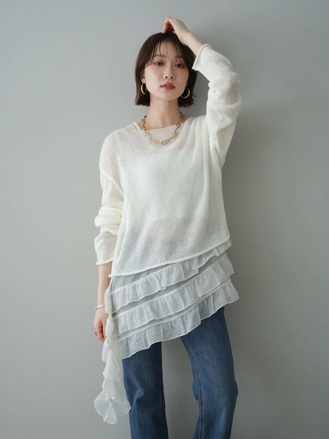 [予約]ラッフルオーガンジータンクトップ＆ニットアンサンブル/white