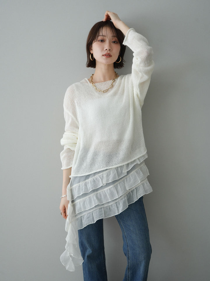 [予約]ラッフルオーガンジータンクトップ＆ニットアンサンブル/white