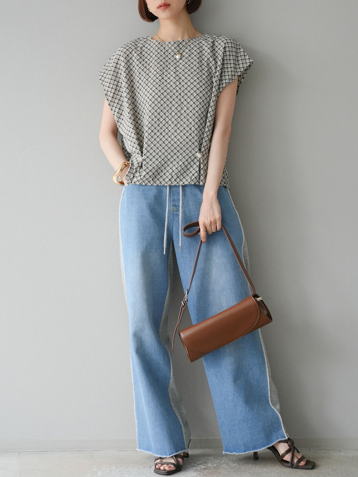[予約]チェック柄タックデザインフレンチスリーブトップス/ブラウン