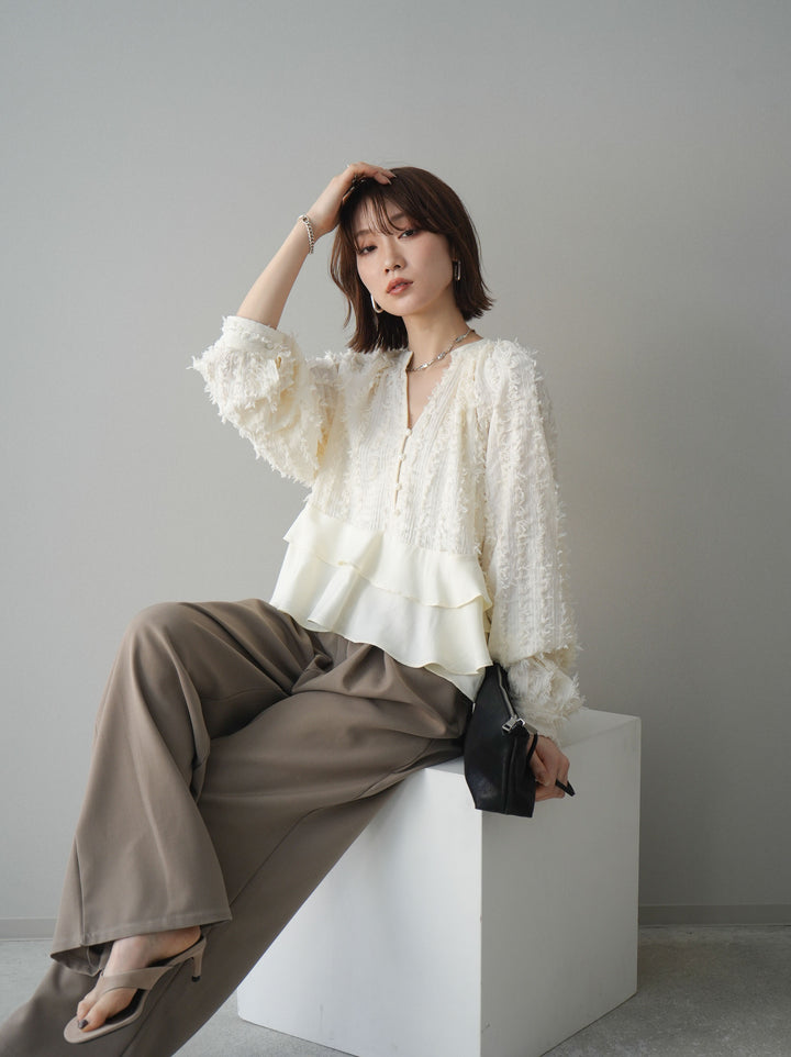 [SET]ジャガードぺプラムフリルブラウス+ジャガードぺプラムフリルブラウス(2set)