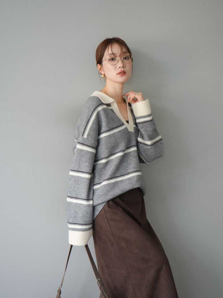 [SET]ポロ襟スキッパーボーダーニットプルオーバー+スウェードIラインスカート(2set)