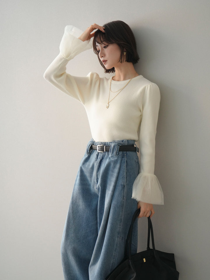 [SET]袖チュールパワショルリブニットトップス+ハイウエストベルトループデザインデニムパンツ(2set)