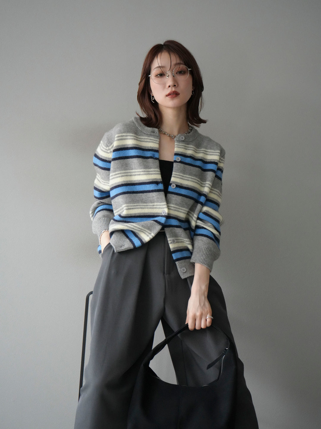 [予約]マルチボーダーニットカーディガン/gray