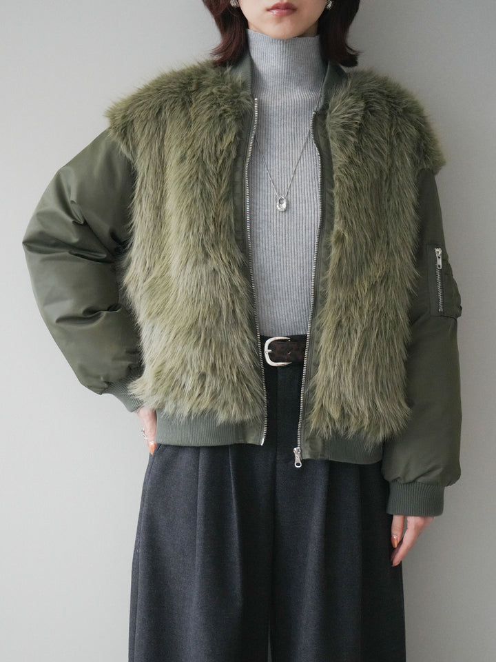 [SET]ファードッキングMA-1+袖ボタンボトルネックリブニットトップス+アニマル柄ベルト付きウールタッチワイドパンツ(3set)