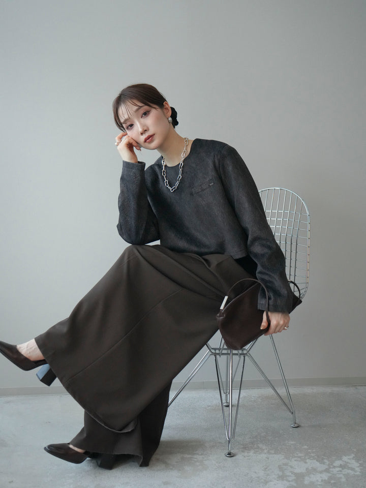 [予約]リブニットレイヤードスエードプルオーバー/charcoal