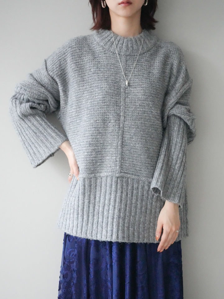 [SET]編み地切替ボトルネックニットプルオーバー+アンティーク柄フロッキーマキシスカート(2set)