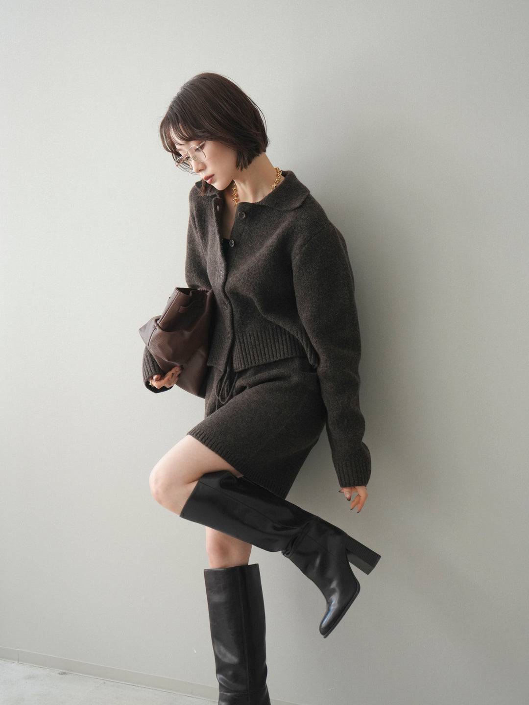 [予約]メランジニット襟付きクロップドカーディガン/brown