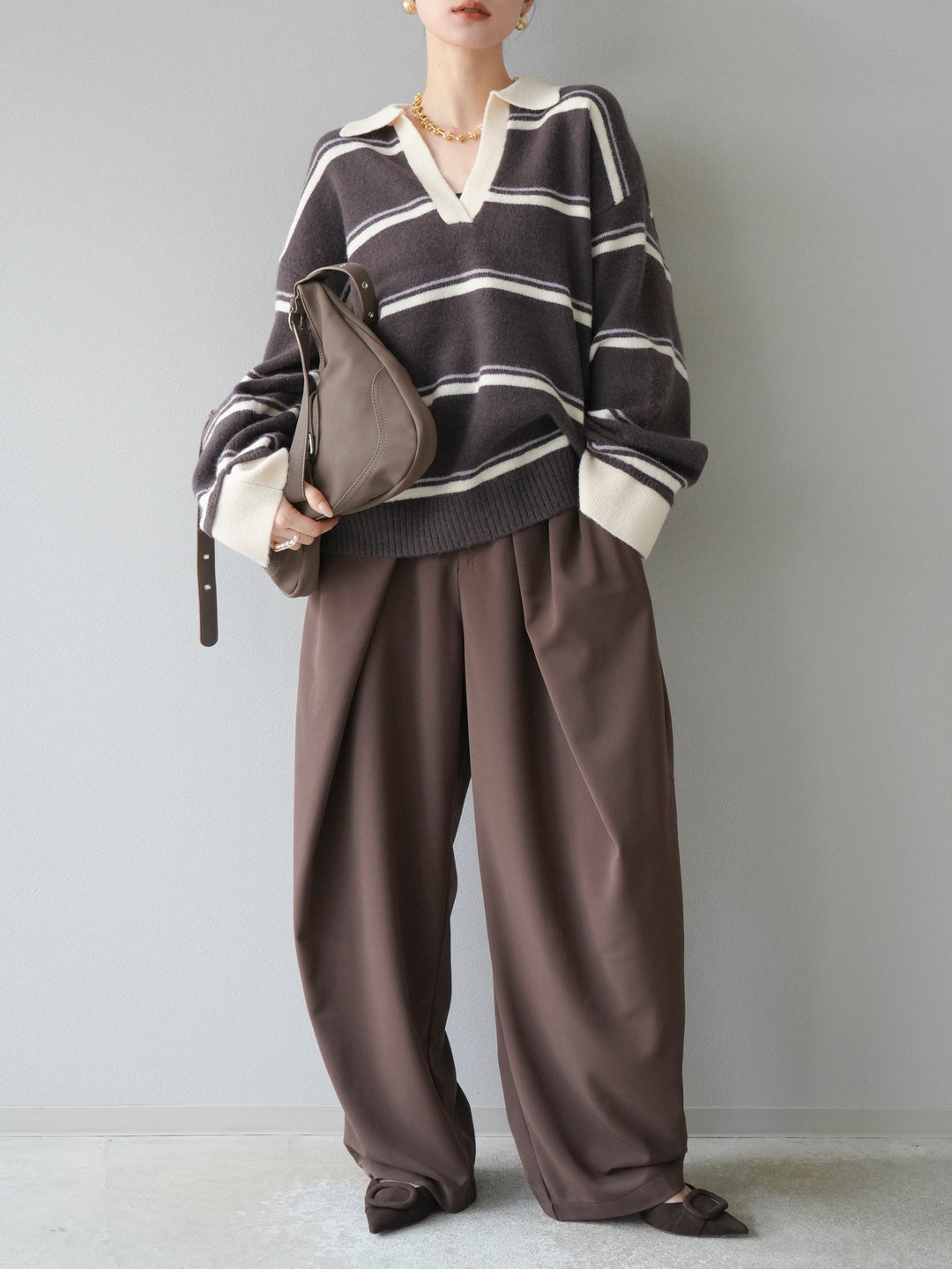 [予約]ポロ襟スキッパーボーダーニットプルオーバー/ブラウン