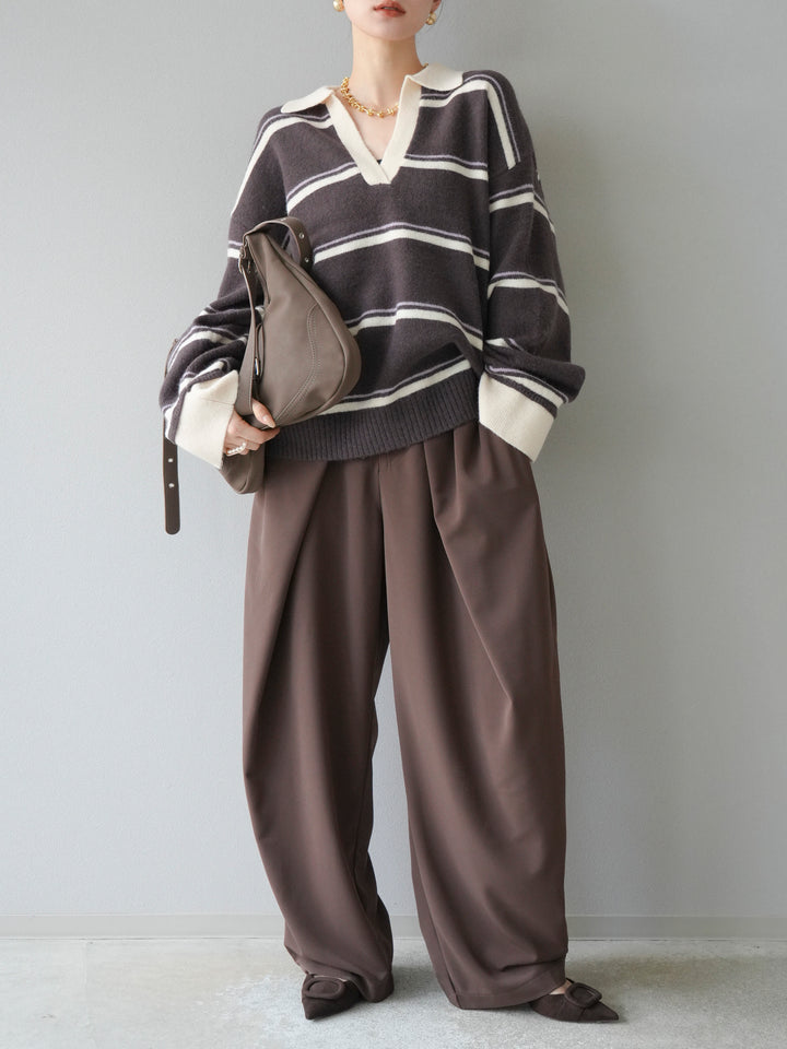 [予約]ポロ襟スキッパーボーダーニットプルオーバー/ブラウン