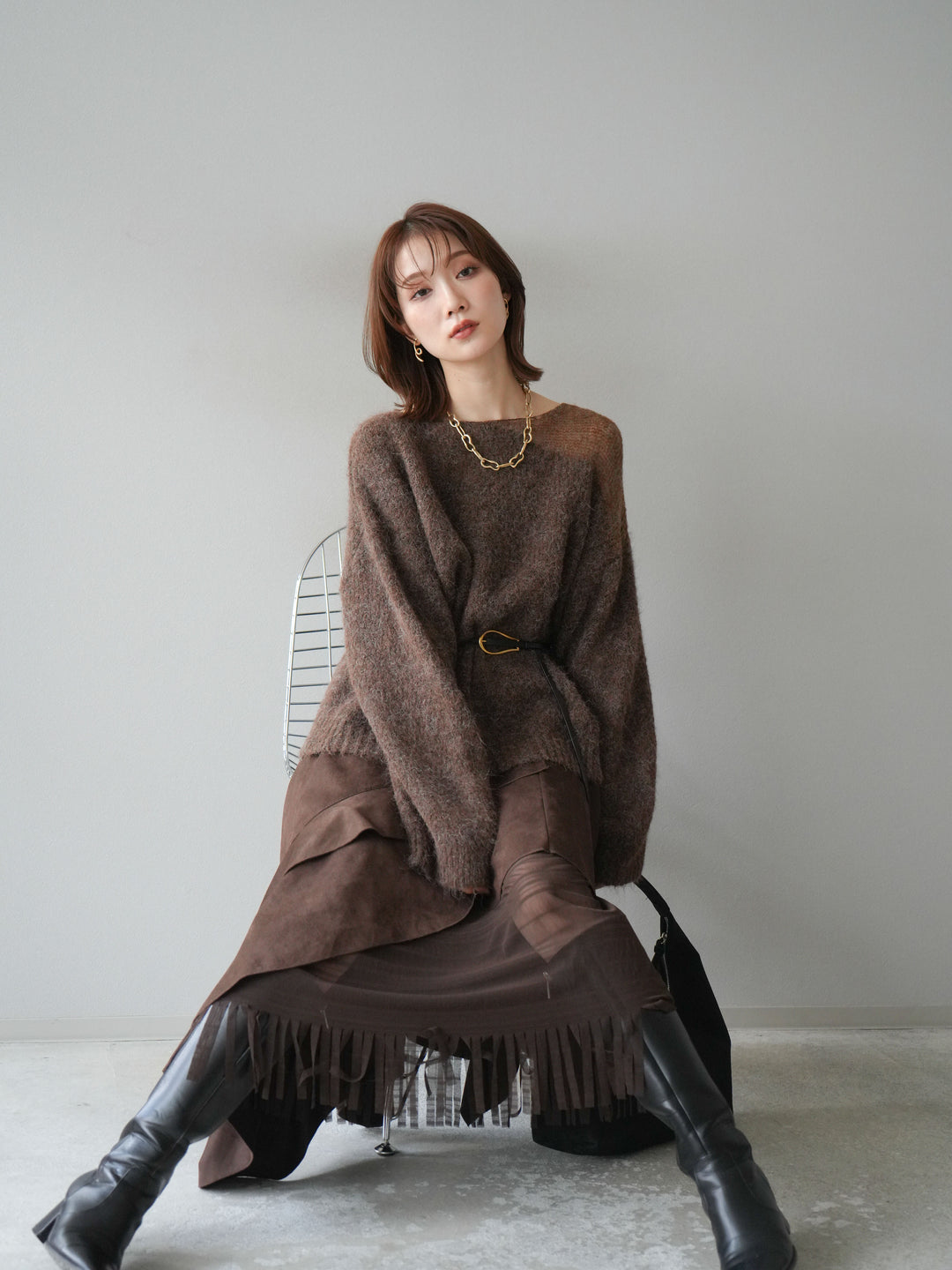 [予約]ネック透かし編みニットプルオーバー/ダークブラウン