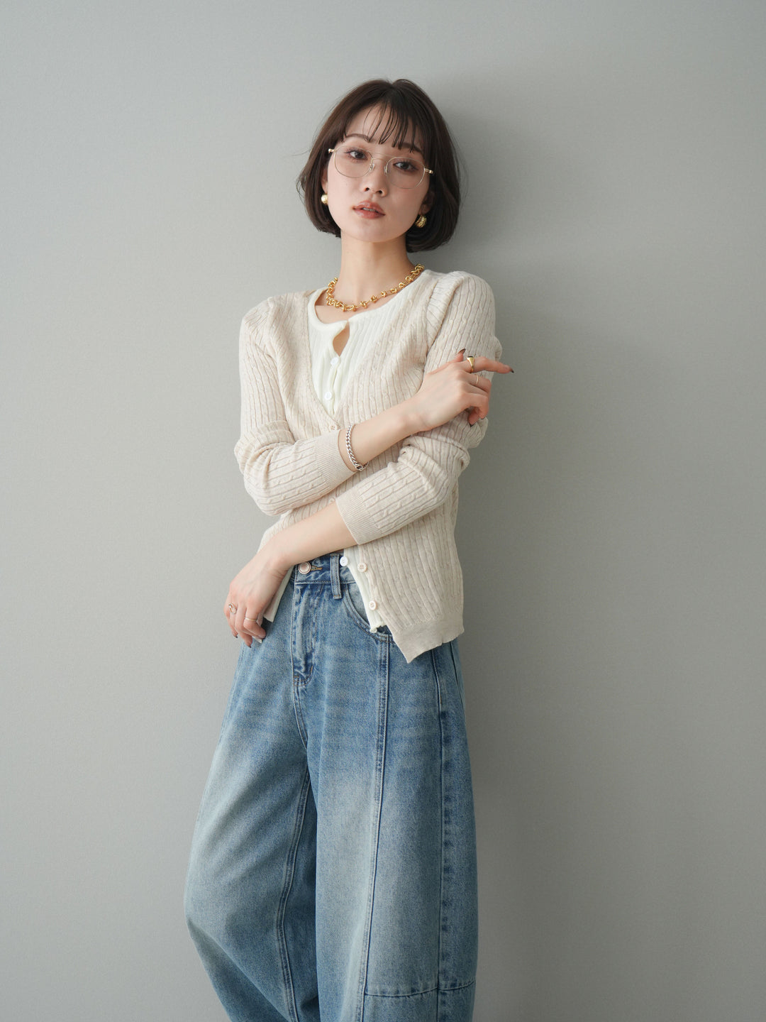 [予約]バイカラーレイヤードニットカーディガン/white