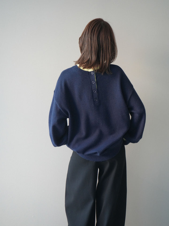 [予約]ヘンリーネック配色レイヤードニットプルオーバー/navy