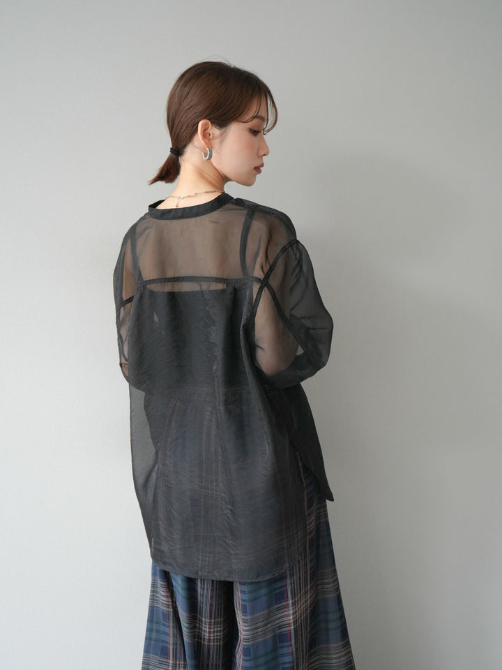 [SET] 亮面透視立領襯衫 + 透視格紋寬鬆褲 (2 件套)