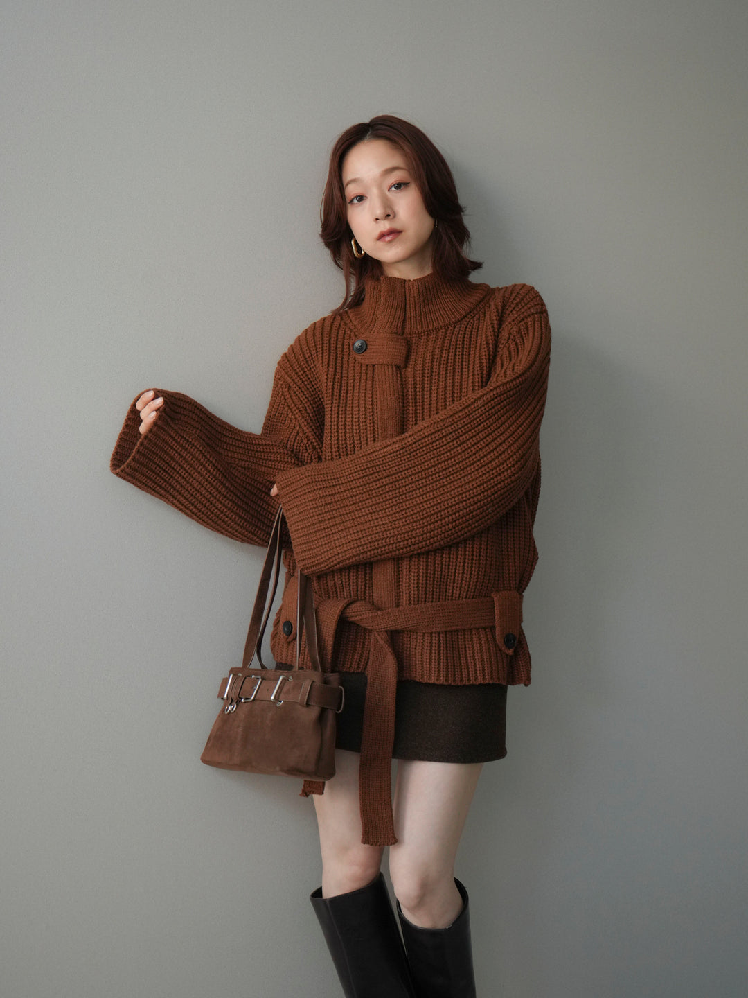 [予約]畦編みボトルネックZIPニットカーディガン/brown