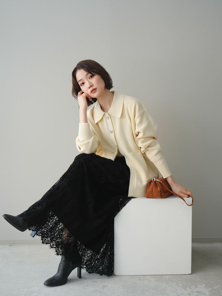 [予約]メタルボタン襟付きポリエステルニットカーディガン/ivory