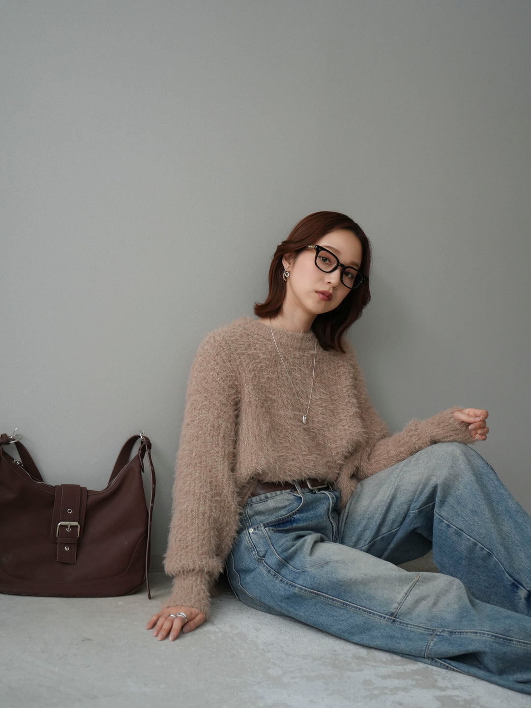 [SET]ボリュームスリーブシャギー MIXニットプルオーバー+ベルト付カーブデニムパンツ(2set)