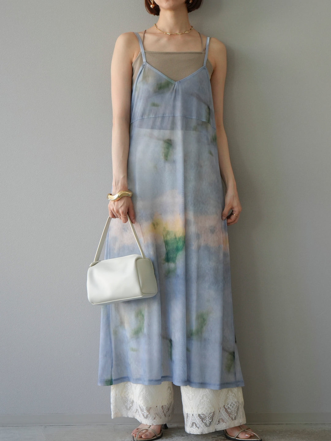 [予約タイダイ柄シアーキャミワンピース/サックス