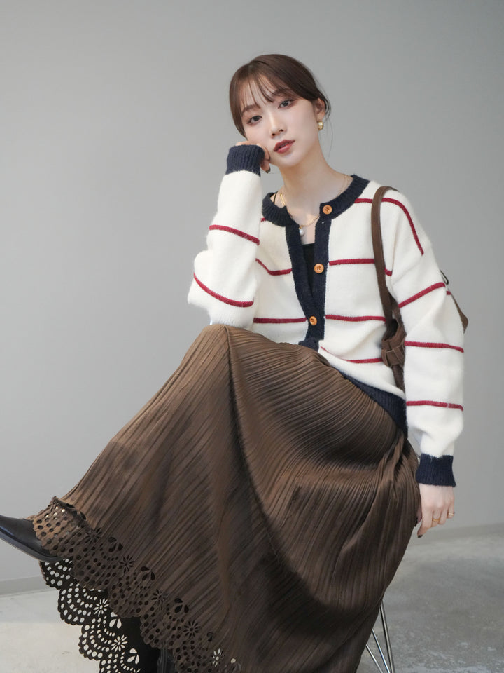 [予約]配色ボーダーニットカーディガン/red