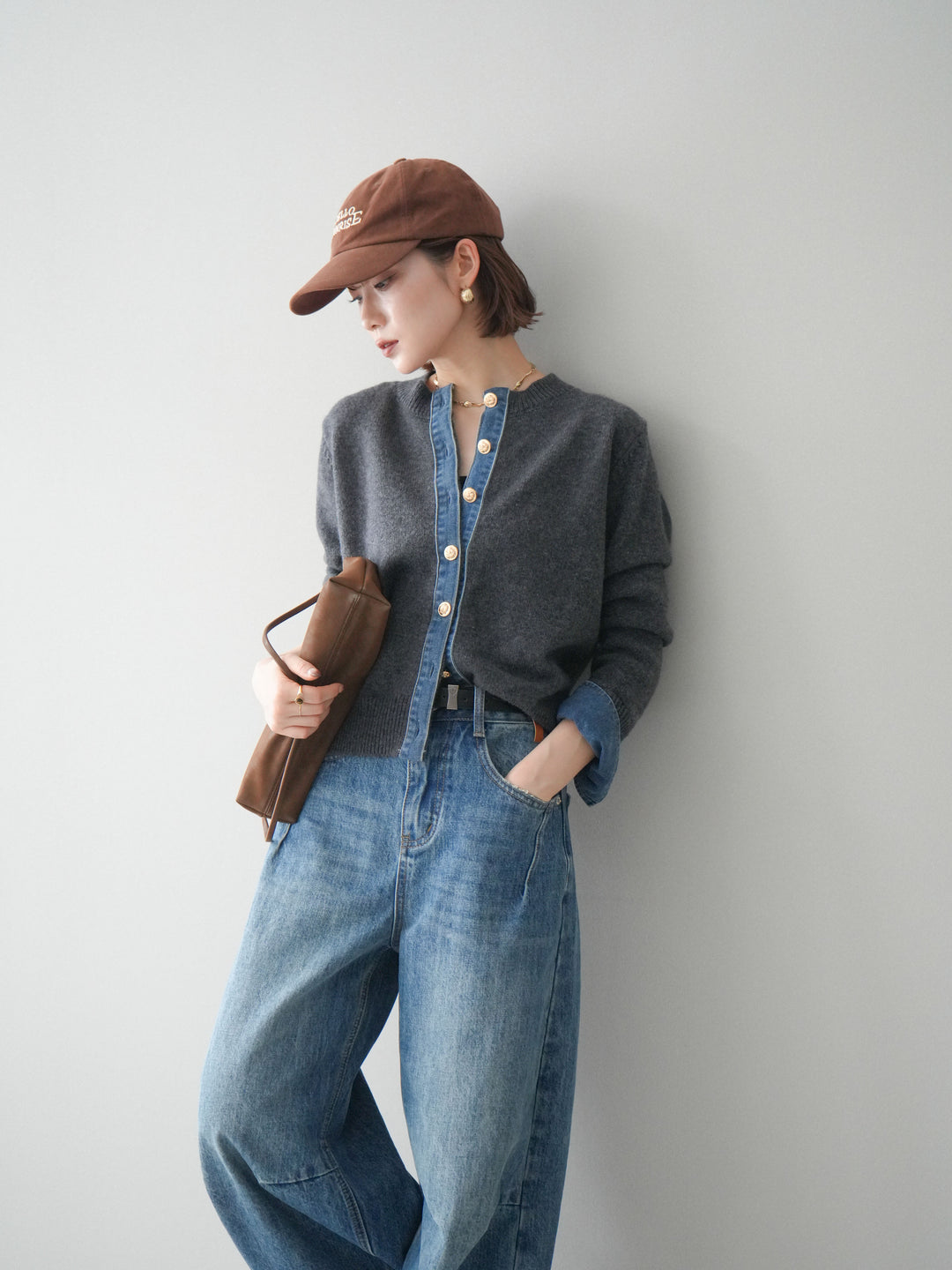 [SET]クルーネックデニムドッキングニットカーディガン+選べるアクセセット(2set)