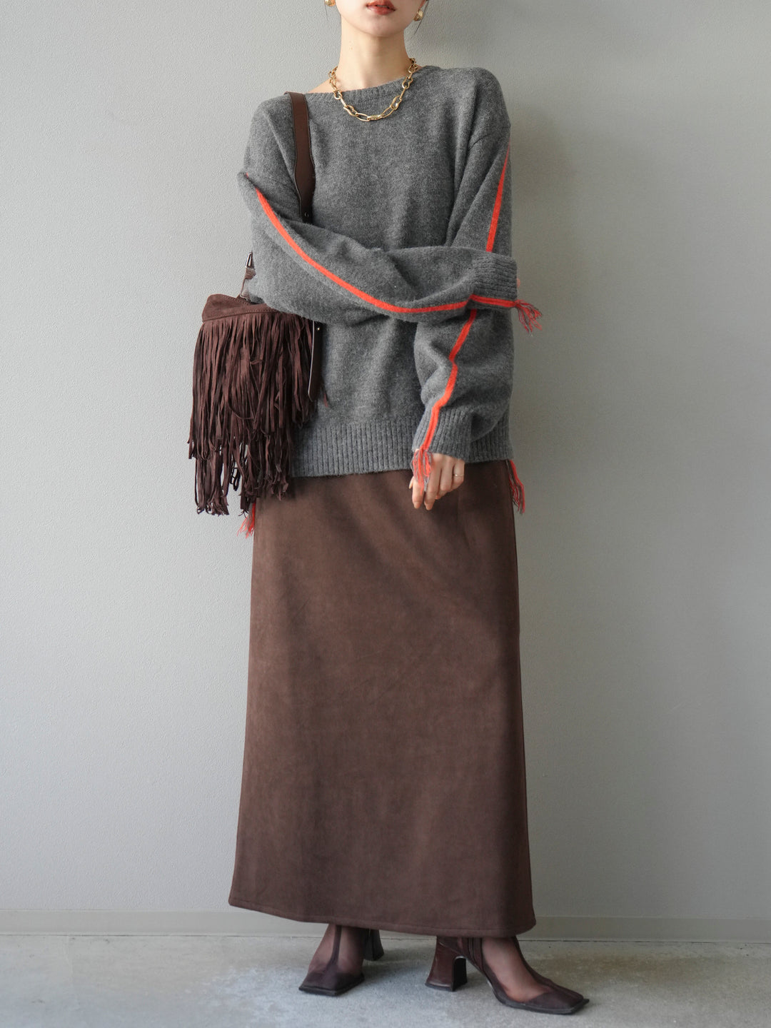 [予約]配色ステッチフリンジニットプルオーバー /チャコール