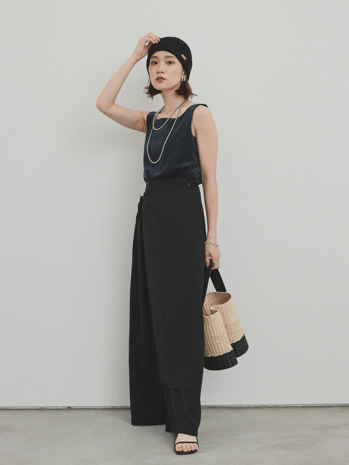 [SET]スクエアベロアタンクトップ+ワッシャーサテンレイヤードスカートパンツ(2set)
