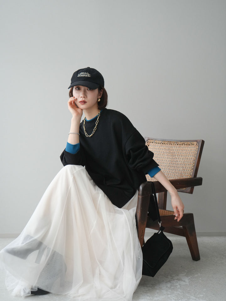 [SET]配色レイヤードデザインスエットプルオーバー+チュールボリュームスカート(2set)