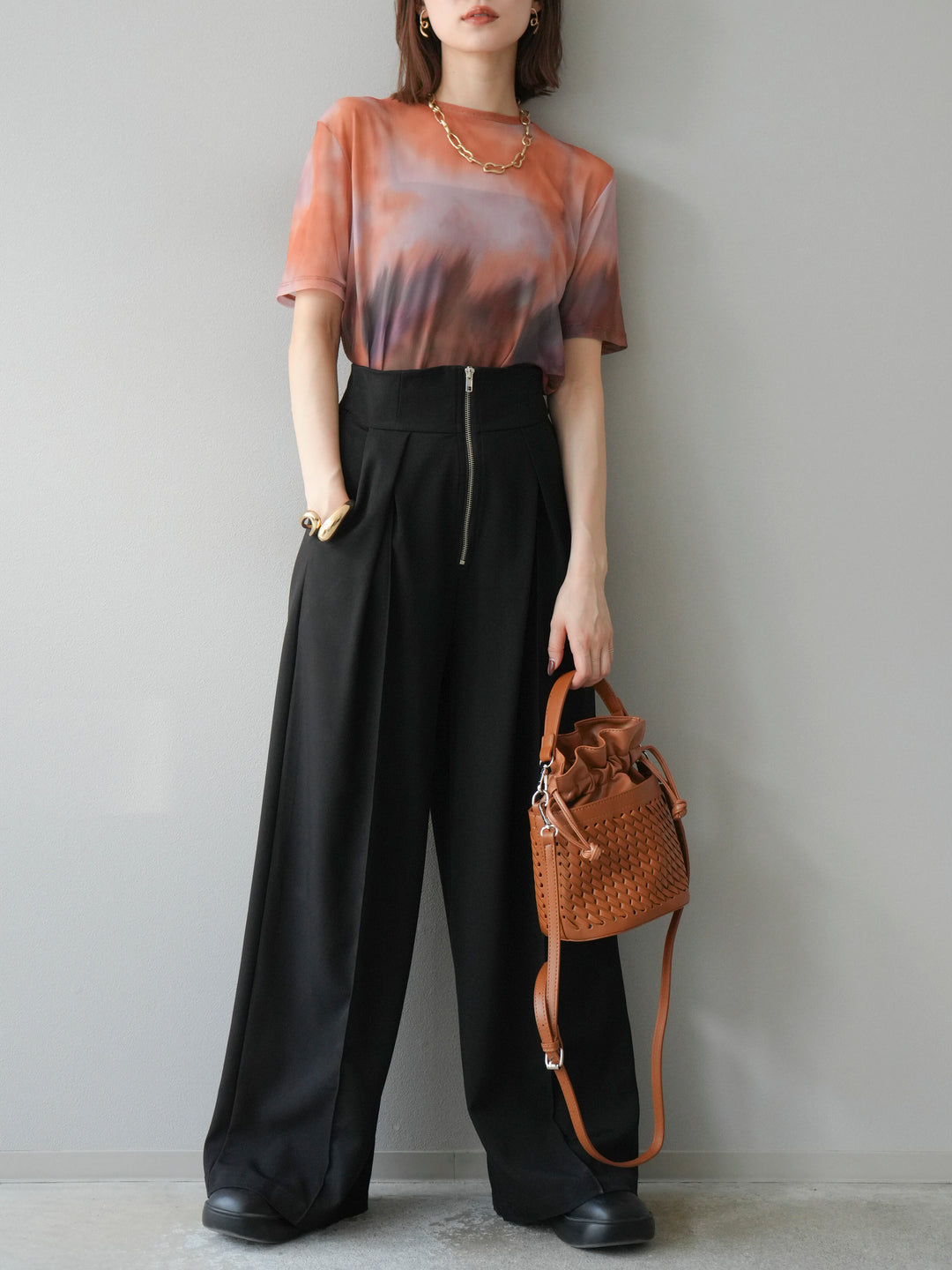 [予約]タイダイ柄シアーハーフトップス/オレンジ