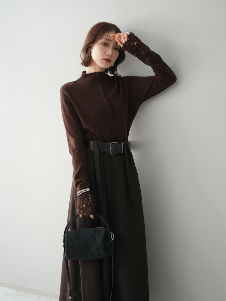 [予約]袖スカラップレースフロントボタンウールニットトップス/brown
