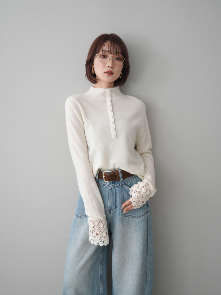 [SET]袖スカラップレースフロントボタンウールニットトップス+ベルト付裏起毛カーブデニムパンツ(2set)